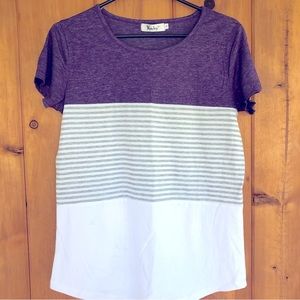 YunJey Round Neck Triple Color Block Stripe T-Shirt, Short Sleeve
